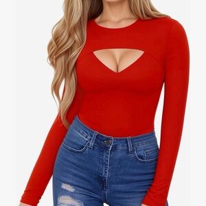 Red Long Sleeve Cutout Top